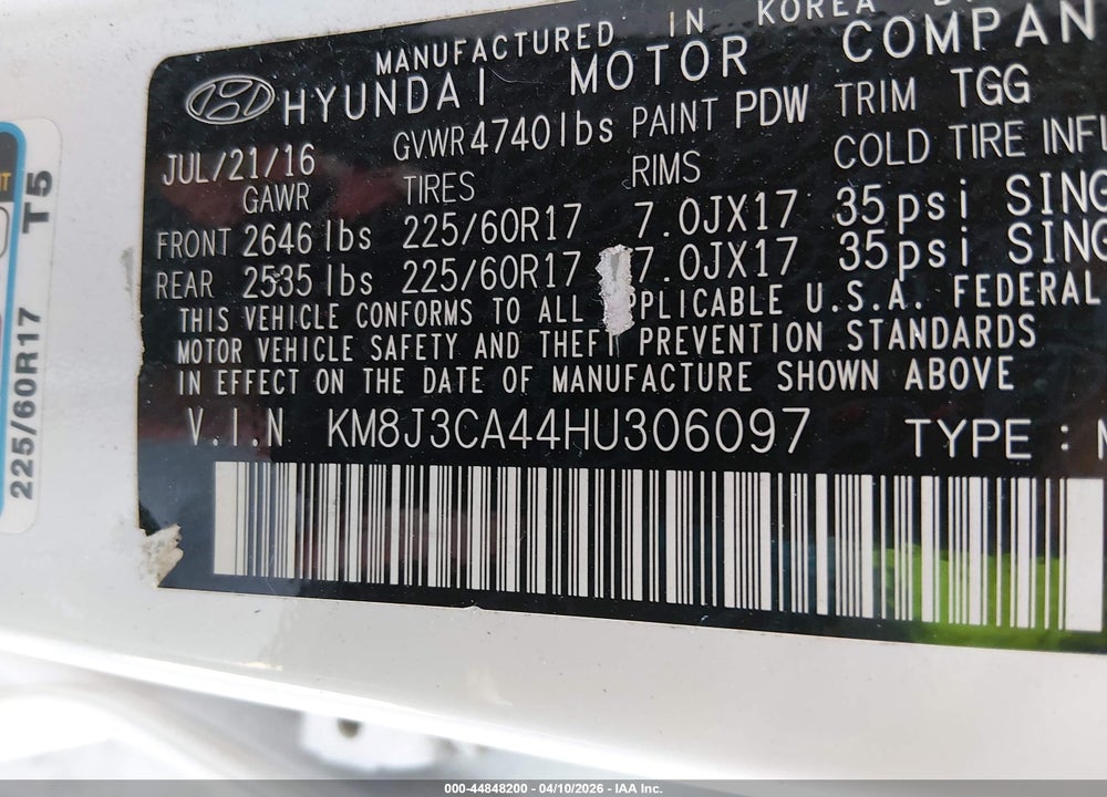 2017 HYUNDAI TUCSON SE VIN: KM8J3CA44HU306097