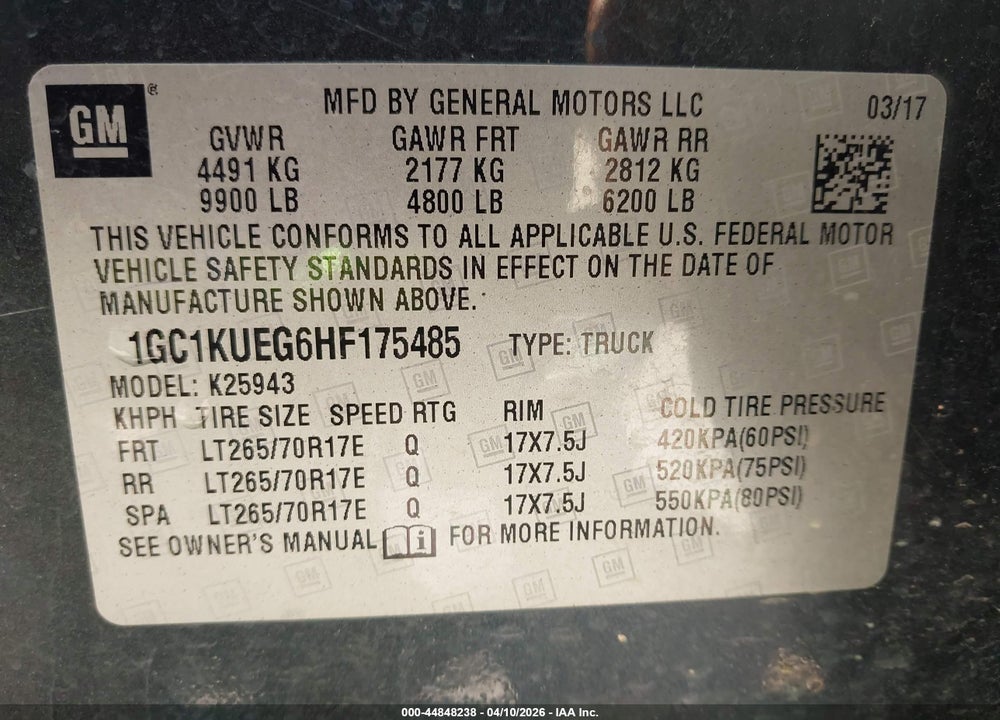 2017 CHEVROLET SILVERADO 2500HD WT VIN: 1GC1KUEG6HF175485