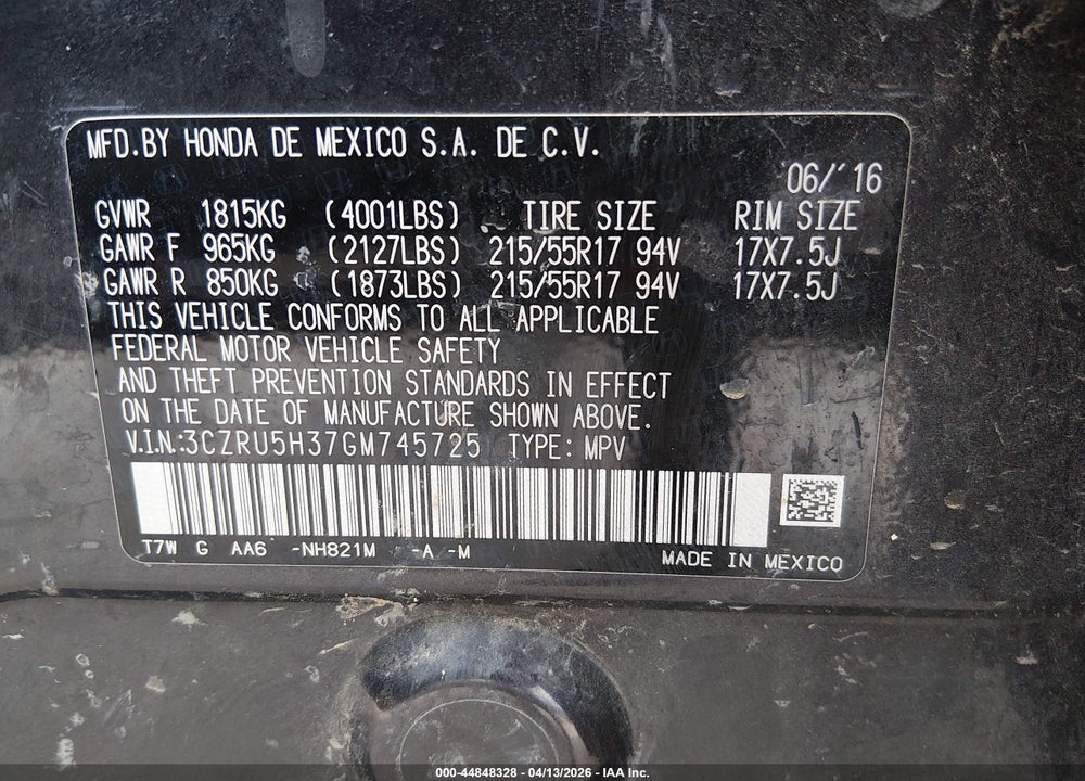 2016 HONDA HR-V LX VIN: 3CZRU5H37GM745725