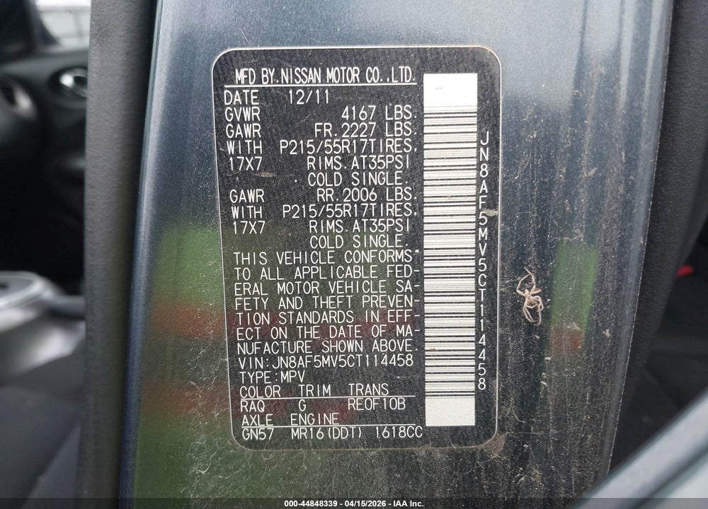2012 NISSAN JUKE SV VIN: JN8AF5MV5CT114458