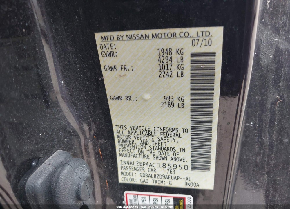 2010 NISSAN ALTIMA 2.5 S VIN: 1N4AL2EP4AC185950