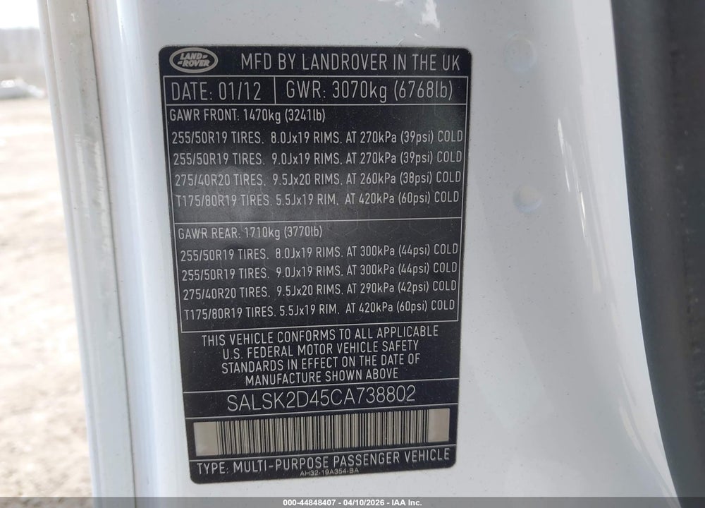 2012 LAND ROVER RANGE ROVER SPORT HSE VIN: SALSK2D45CA738802
