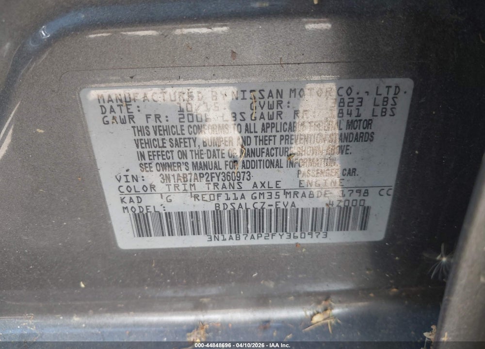 2015 NISSAN SENTRA S VIN: 3N1AB7AP2FY360973