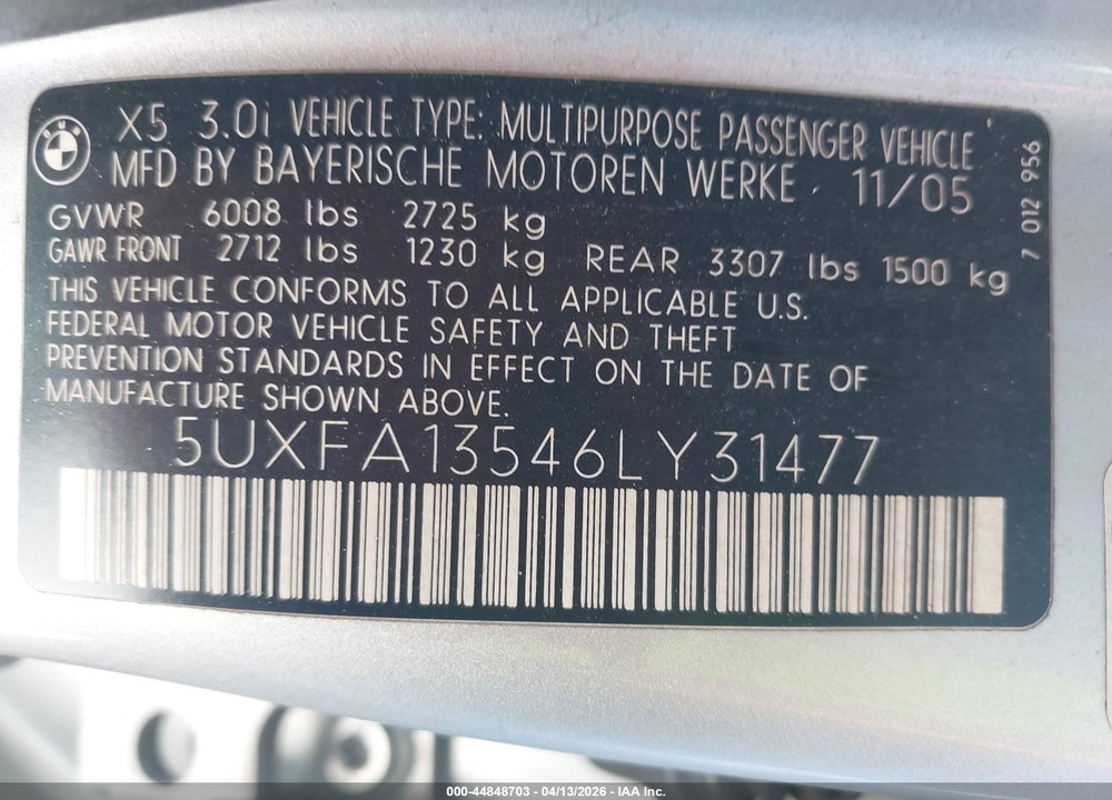 2006 BMW X5 3.0I VIN: 5UXFA13546LY31477