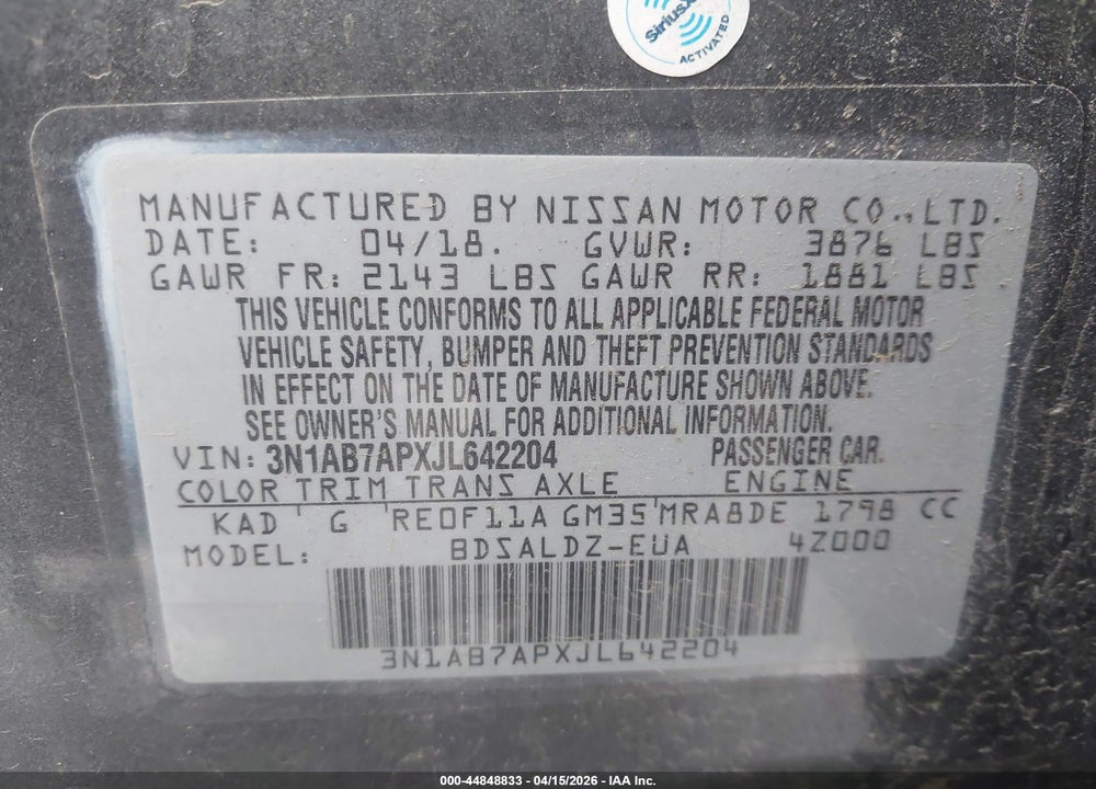 2018 NISSAN SENTRA SV VIN: 3N1AB7APXJL642204