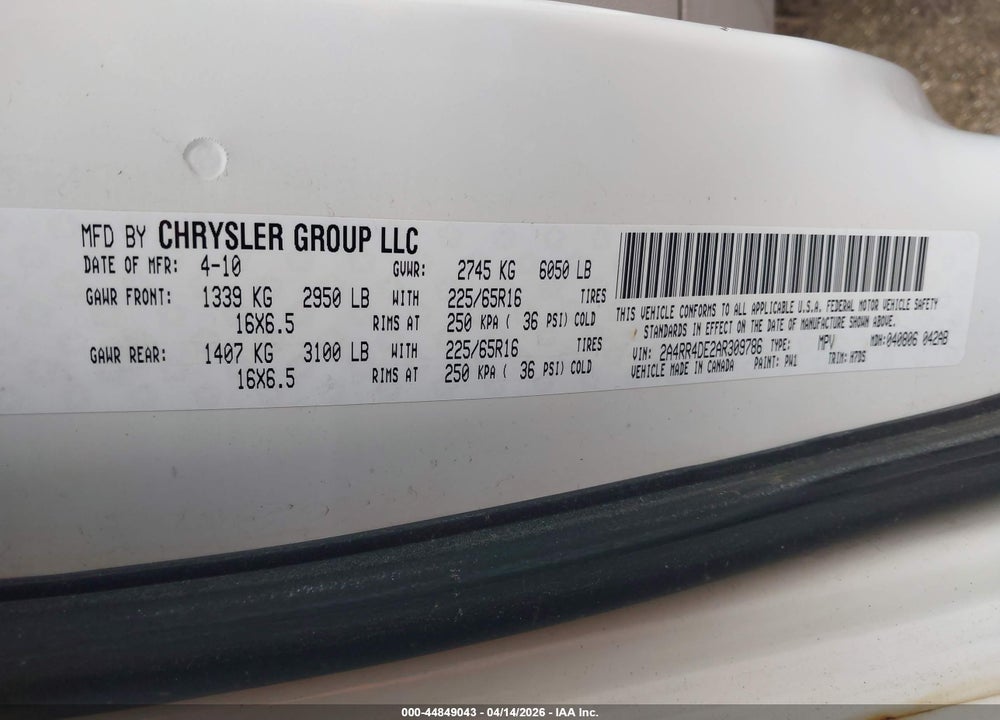 2010 CHRYSLER TOWN & COUNTRY LX VIN: 2A4RR4DE2AR309786