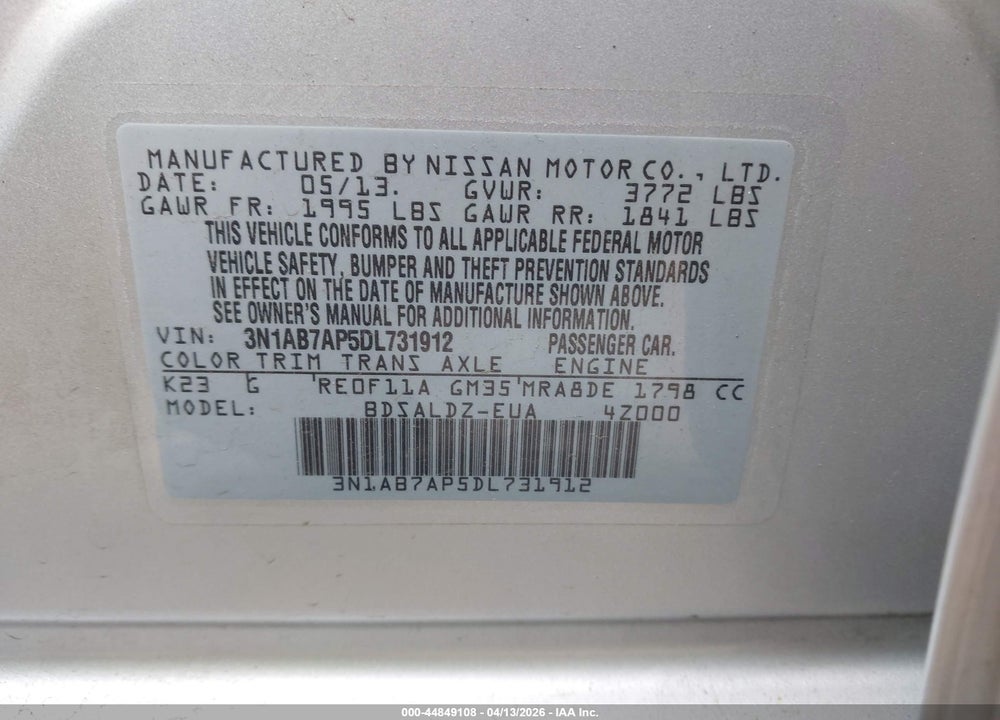 2013 NISSAN SENTRA VIN: 3N1AB7AP5DL731912