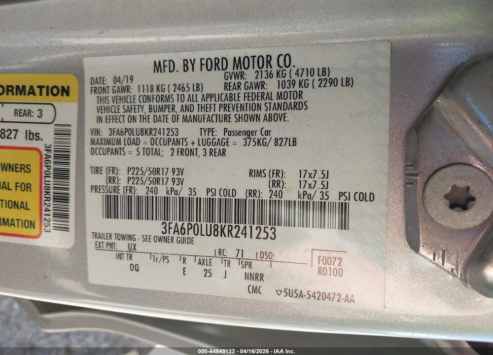 2019 FORD FUSION HYBRID SE VIN: 3FA6P0LU8KR241253