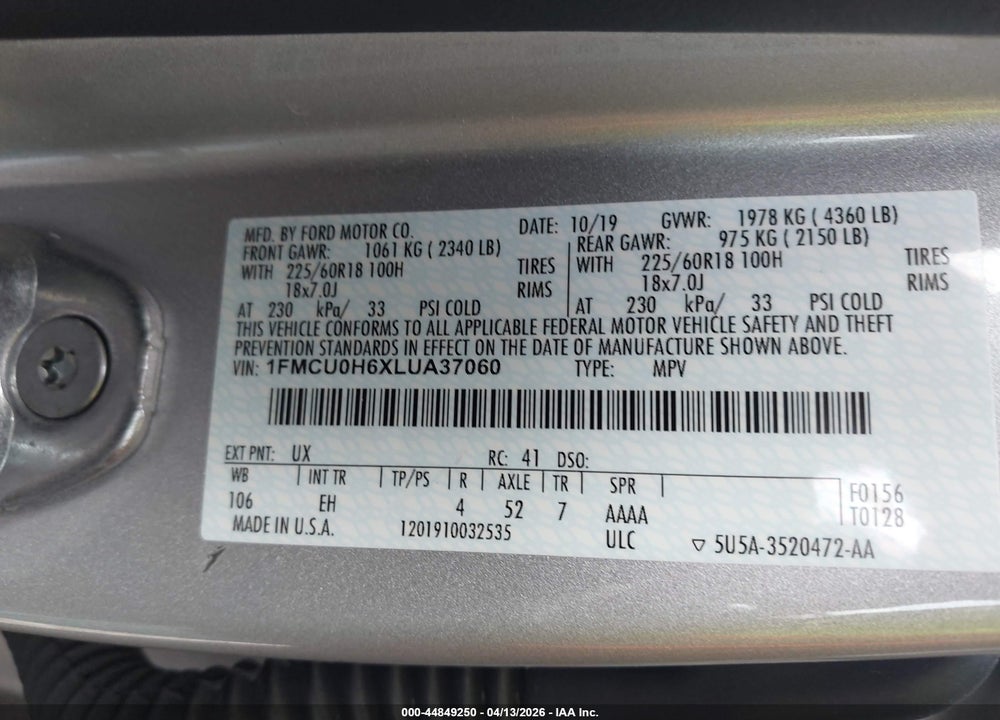 2020 FORD ESCAPE SEL VIN: 1FMCU0H6XLUA37060