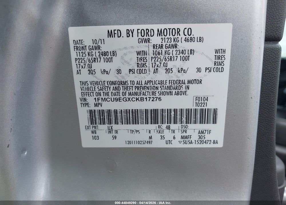 2012 FORD ESCAPE LIMITED VIN: 1FMCU9EGXCKB17276