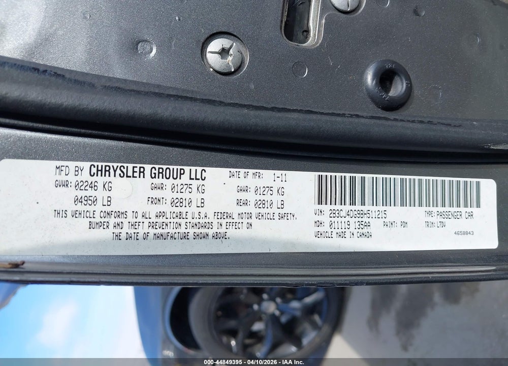 2011 DODGE CHALLENGER VIN: 2B3CJ4DG9BH511215