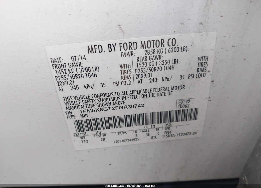 2015 FORD EXPLORER SPORT VIN: 1FM5K8GT2FGA30742