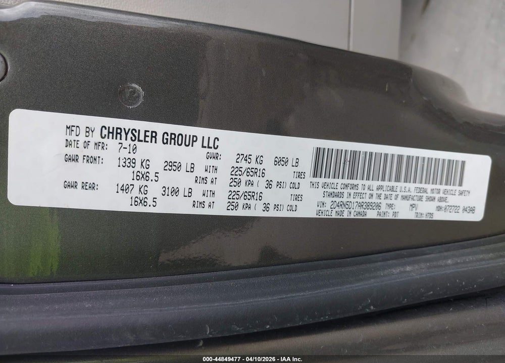 2010 DODGE GRAND CARAVAN SXT VIN: 2D4RN5D17AR389206