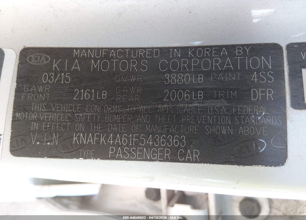2015 KIA FORTE LX VIN: KNAFK4A61F5436363