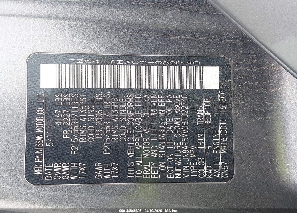 2011 NISSAN JUKE SL VIN: JN8AF5MV0BT022740