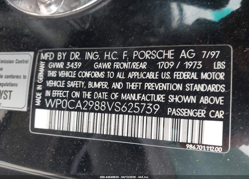 1997 PORSCHE BOXSTER VIN: WP0CA2988VS625739