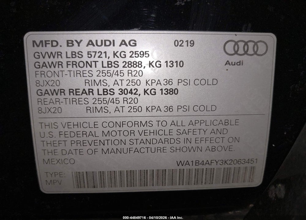 2019 AUDI SQ5 3.0T PREMIUM VIN: WA1B4AFY3K2063451