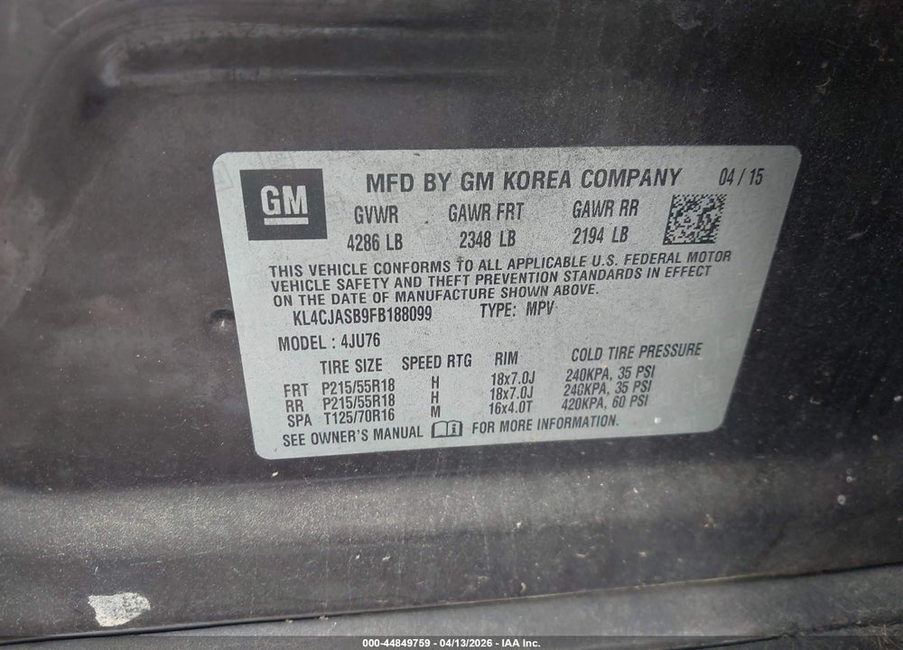 2015 BUICK ENCORE VIN: KL4CJASB9FB188099