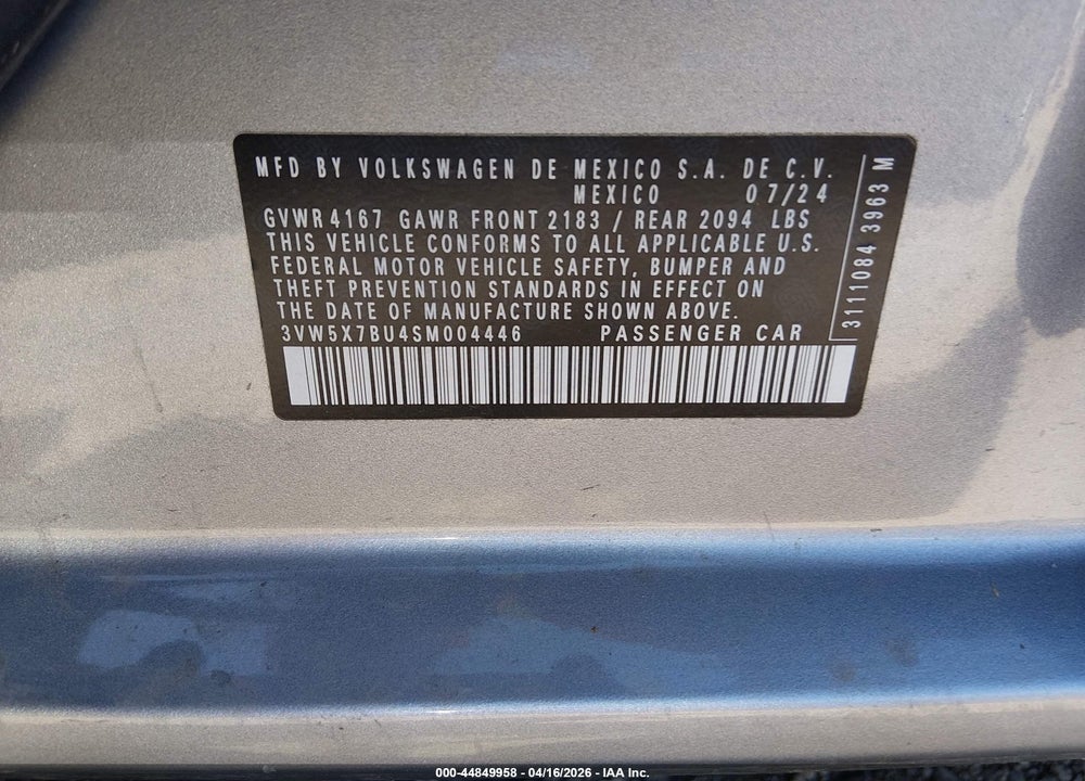 2025 VOLKSWAGEN JETTA 1.5T S VIN: 3VW5X7BU4SM004446