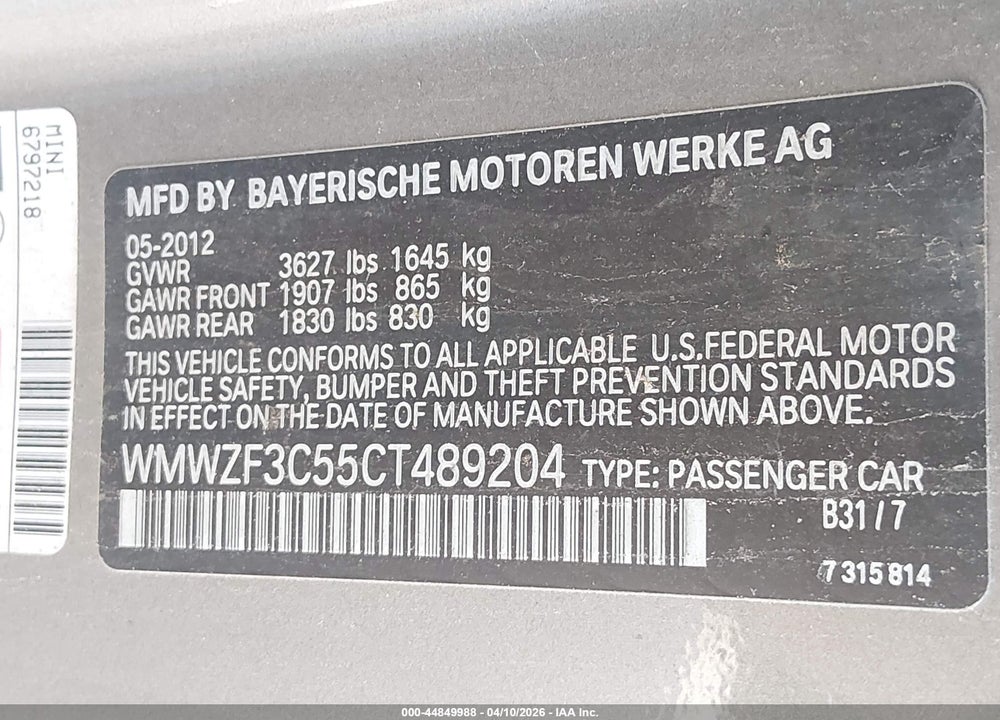 2012 MINI COOPER CLUBMAN VIN: WMWZF3C55CT489204