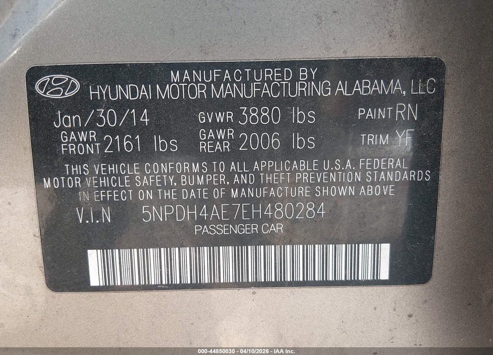 2014 HYUNDAI ELANTRA SE VIN: 5NPDH4AE7EH480284
