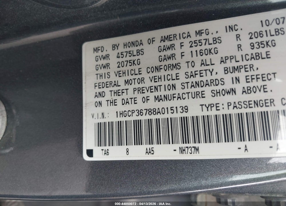 2008 HONDA ACCORD 3.5 EX VIN: 1HGCP36788A015139