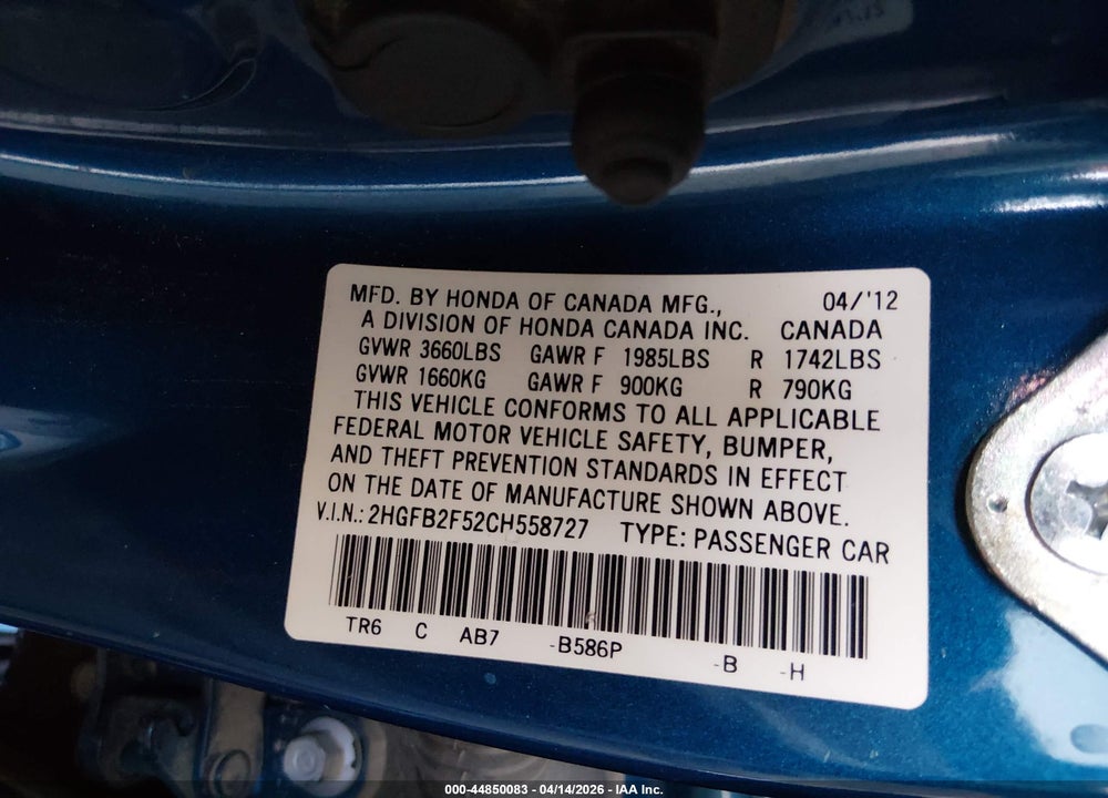 2012 HONDA CIVIC LX VIN: 2HGFB2F52CH558727