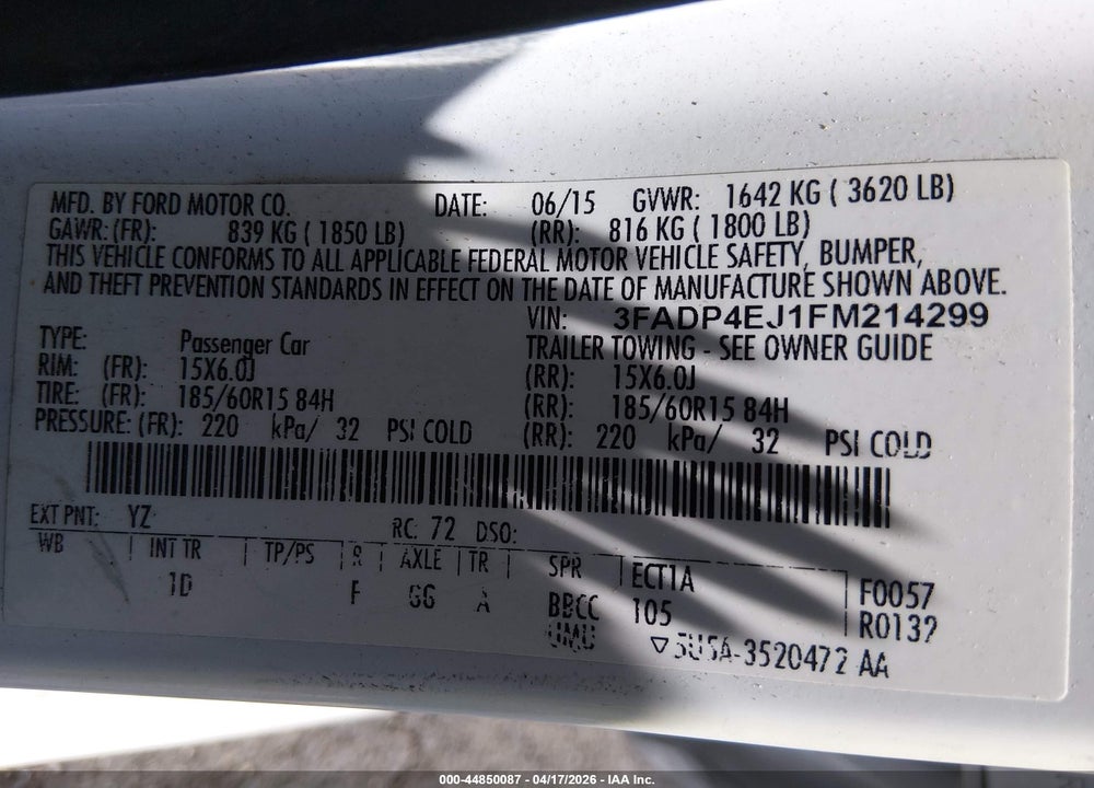 2015 FORD FIESTA SE VIN: 3FADP4EJ1FM214299