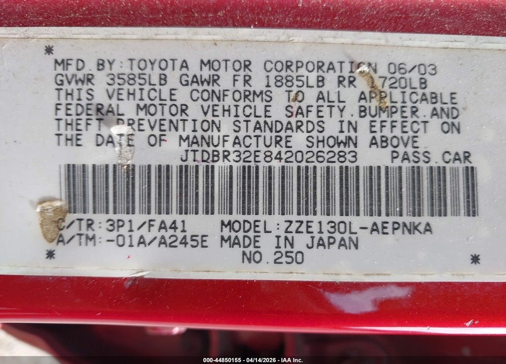 2004 TOYOTA COROLLA LE VIN: JTDBR32E842026283