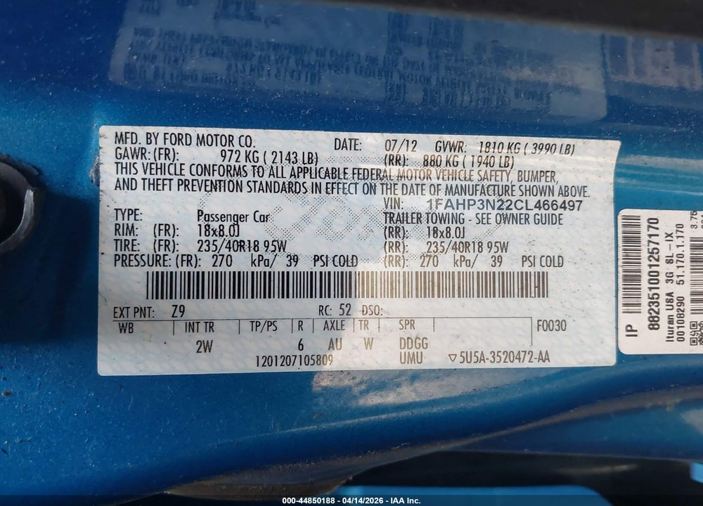 2012 FORD FOCUS TITANIUM VIN: 1FAHP3N22CL466497