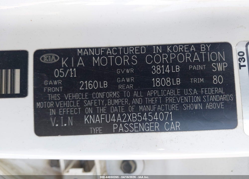 2011 KIA FORTE EX VIN: KNAFU4A2XB5454071