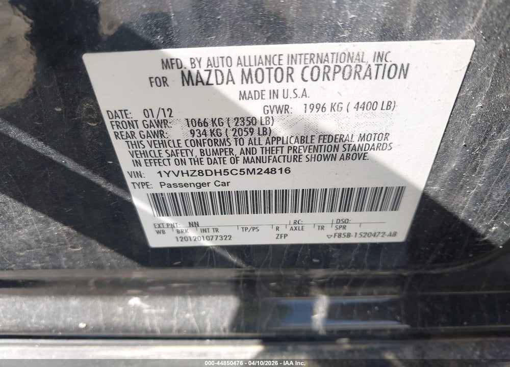 2012 MAZDA 6 VIN: 1YVHZ8DH5C5M24816