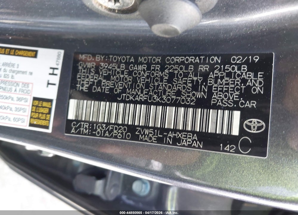 2019 TOYOTA PRIUS LE VIN: JTDKARFU3K3077032