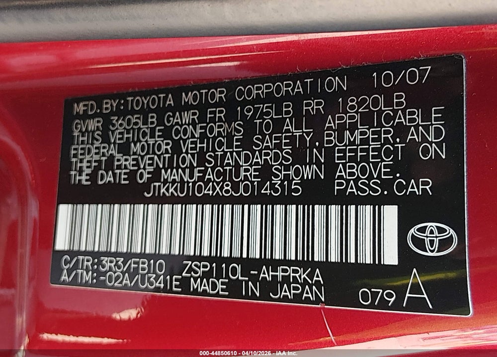 2008 SCION XD VIN: JTKKU104X8J014315