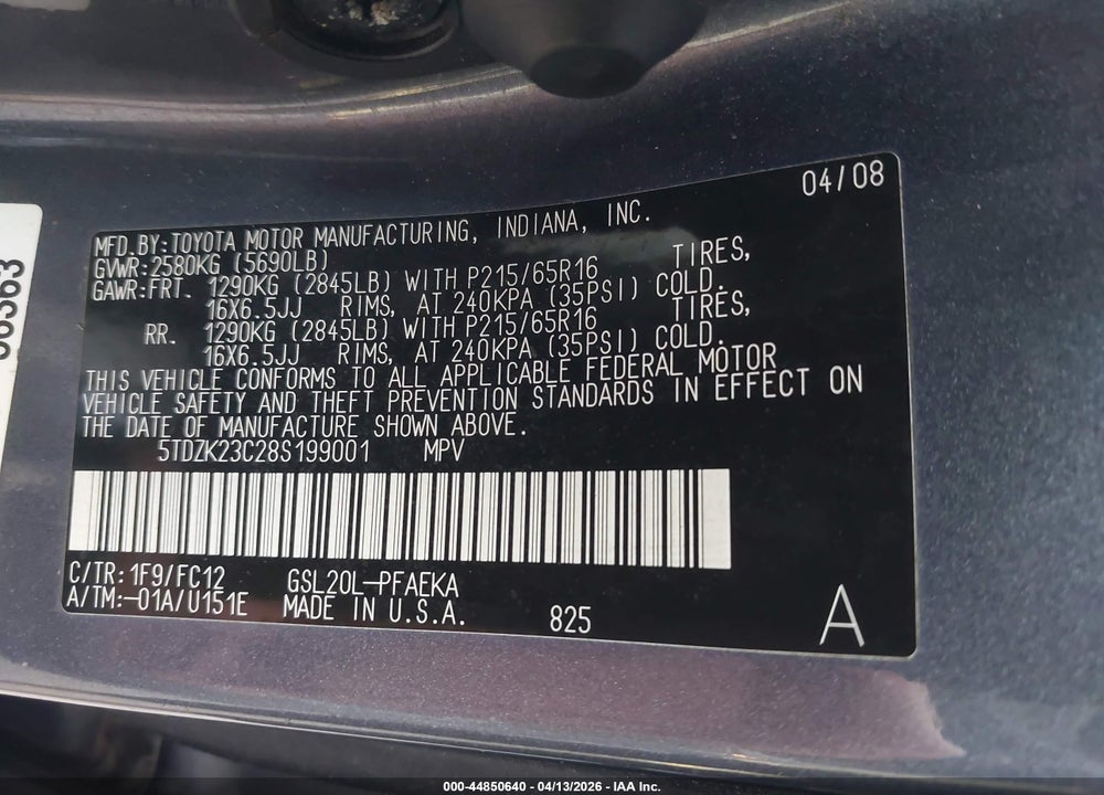 2008 TOYOTA SIENNA LE VIN: 5TDZK23C28S199001