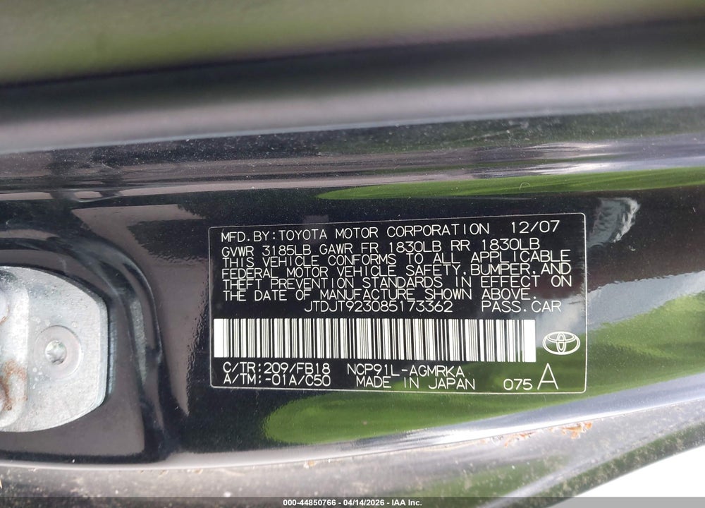 2008 TOYOTA YARIS VIN: JTDJT923085173362