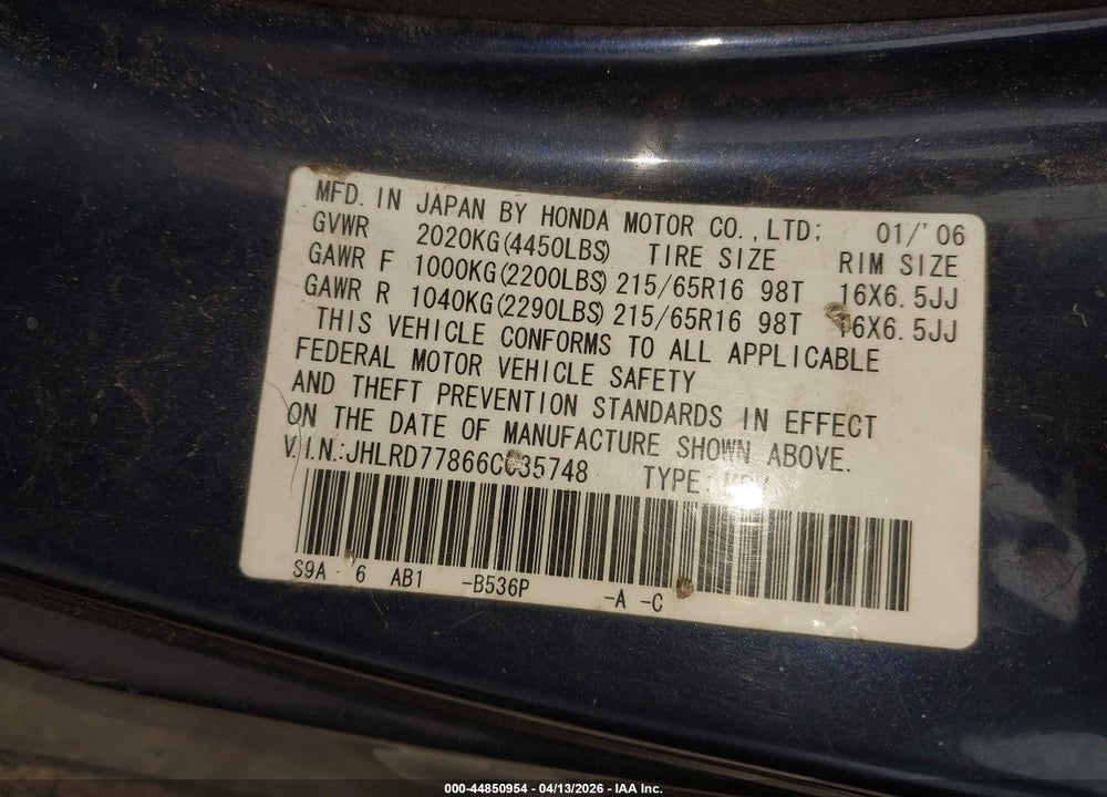 2006 HONDA CR-V EX VIN: JHLRD77866C035748