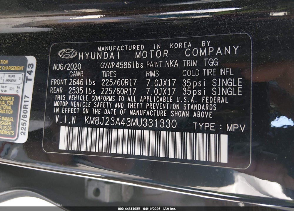 2021 HYUNDAI TUCSON SE VIN: KM8J23A43MU331330