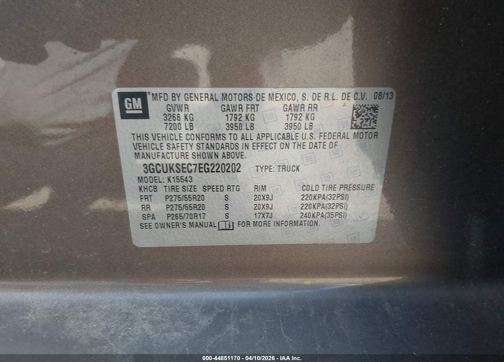 2014 CHEVROLET SILVERADO 1500 2LZ VIN: 3GCUKSEC7EG220202