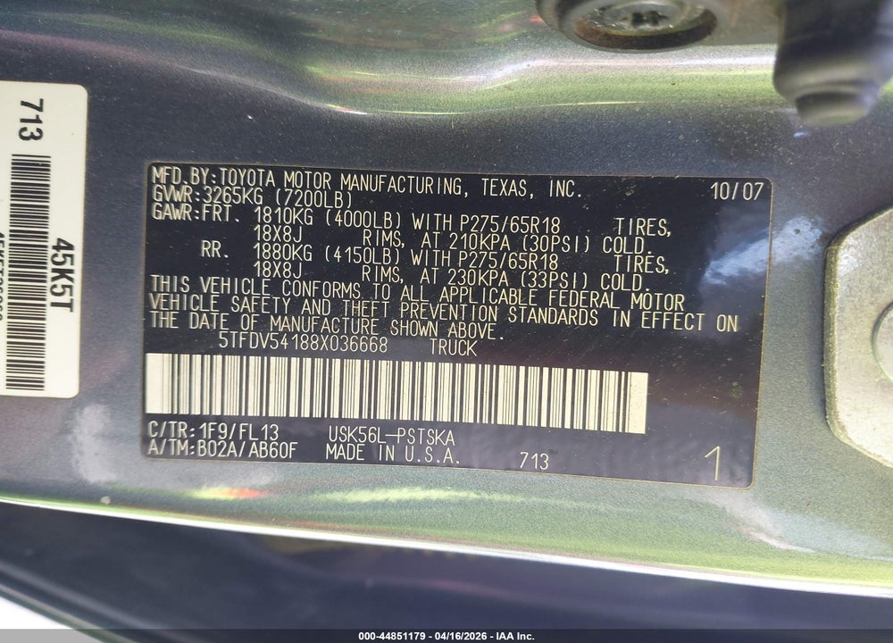 2008 TOYOTA TUNDRA SR5 5.7L V8 VIN: 5TFDV54188X036668