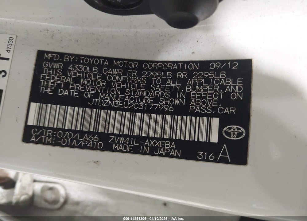 2012 TOYOTA PRIUS V FIVE VIN: JTDZN3EU2C3177996