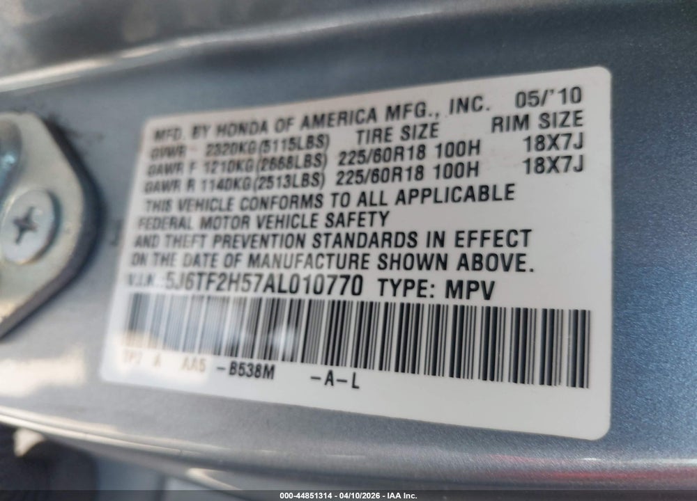 2010 HONDA ACCORD CROSSTOUR EX-L VIN: 5J6TF2H57AL010770