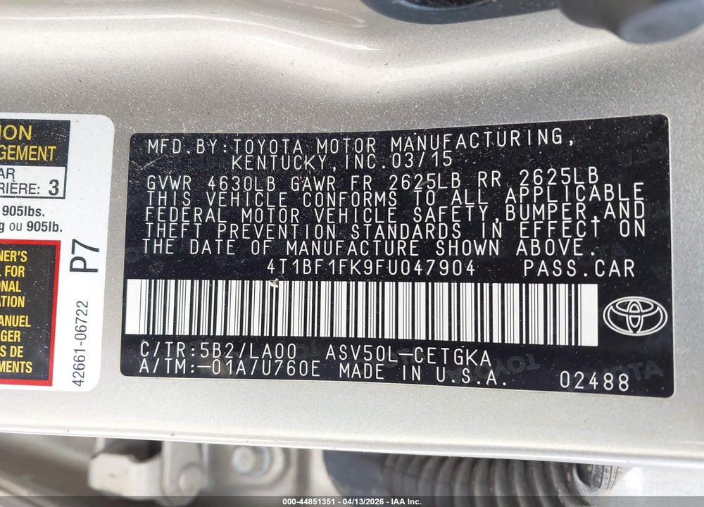 2015 TOYOTA CAMRY XLE VIN: 4T1BF1FK9FU047904