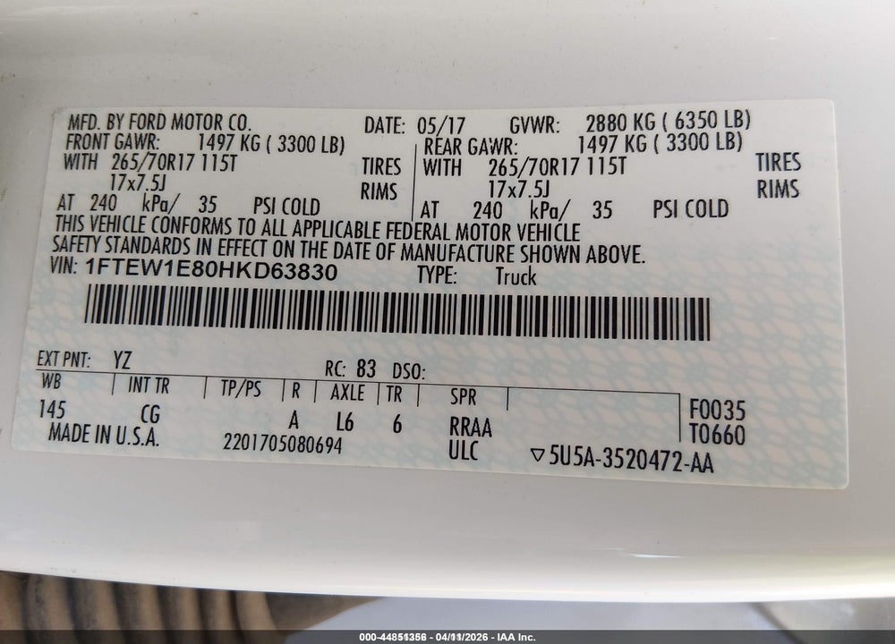 2017 FORD F-150 XL VIN: 1FTEW1E80HKD63830