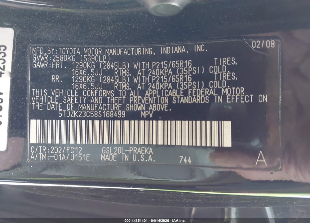 2008 TOYOTA SIENNA LE VIN: 5TDZK23C58S168499