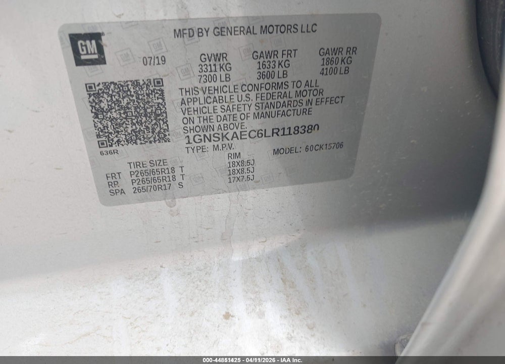 2020 CHEVROLET TAHOE 4WD LS VIN: 1GNSKAEC6LR118380