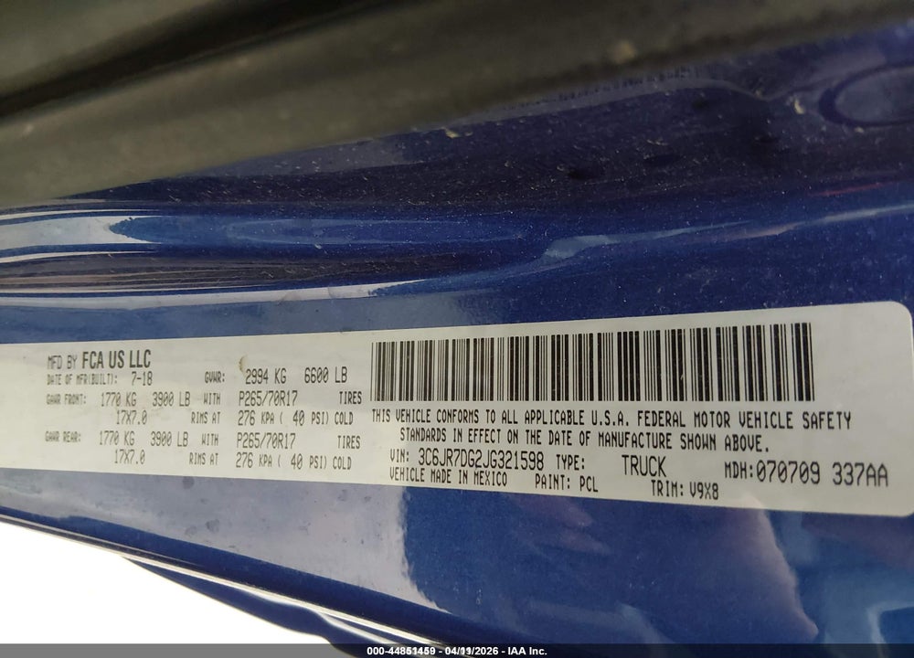 2018 RAM 1500 TRADESMAN  4X4 8' BOX VIN: 3C6JR7DG2JG321598