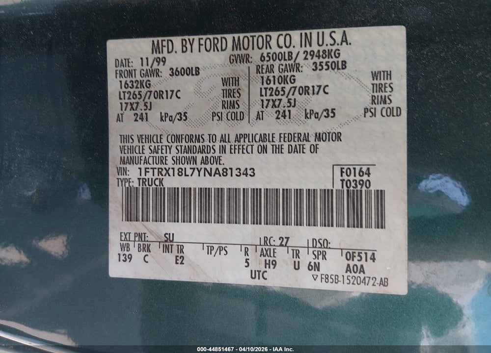 2000 FORD F-150 LARIAT/WORK SERIES/XL/XLT VIN: 1FTRX18L7YNA81343