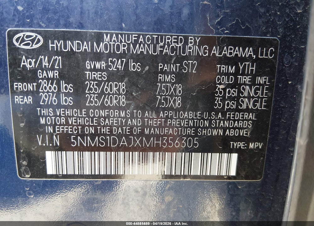 2021 HYUNDAI SANTA FE SE VIN: 5NMS1DAJXMH356305