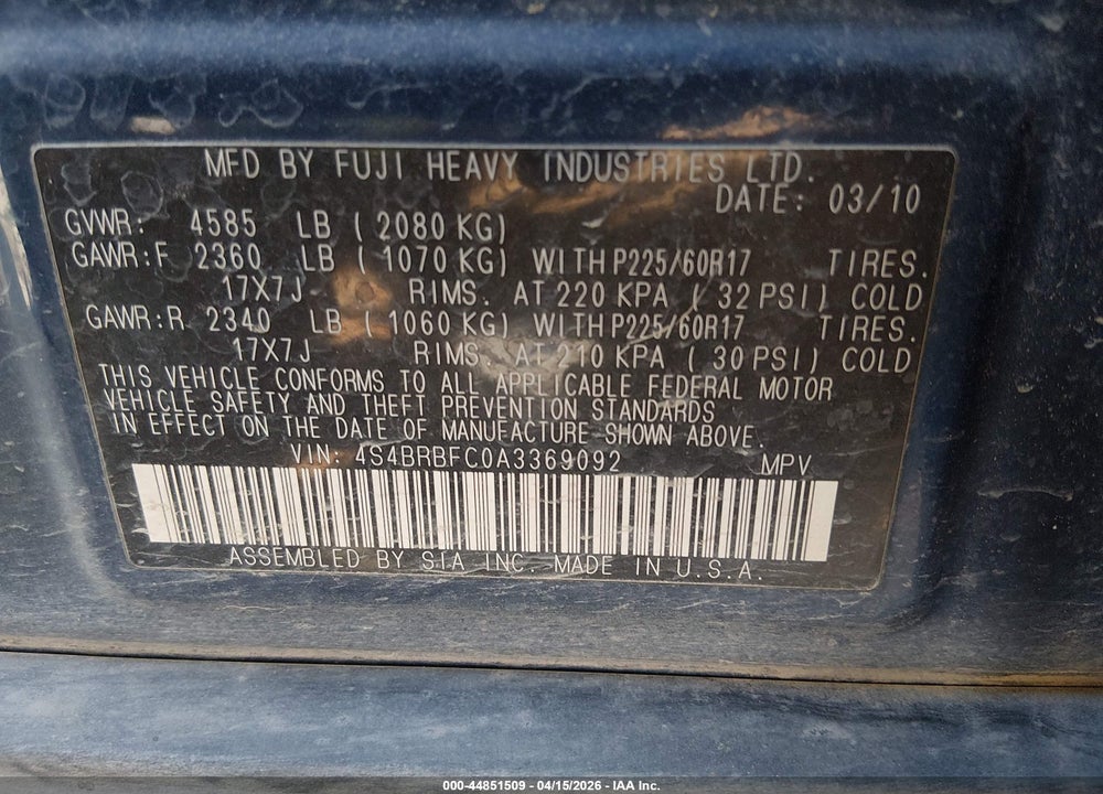 2010 SUBARU OUTBACK 2.5I PREMIUM VIN: 4S4BRBFC0A3369092